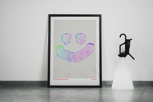 High Happy Face minimalist Danish art poster with soft blue og purple colors, making a happy face on enhanced matte paper. Framed poster.